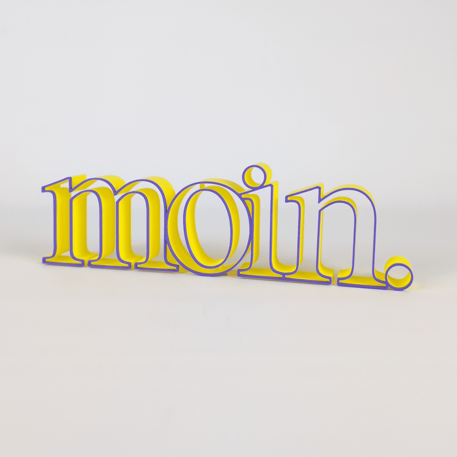 Schriftzug „moin.“ in Gelb und Flieder