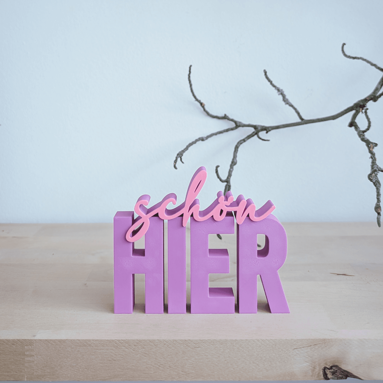 Schriftzug „schön HIER“ in Flieder vor einem Zweig